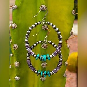 Wampum Shell + Turquoise Sterling Silver Navajo Pearl hoop earrings